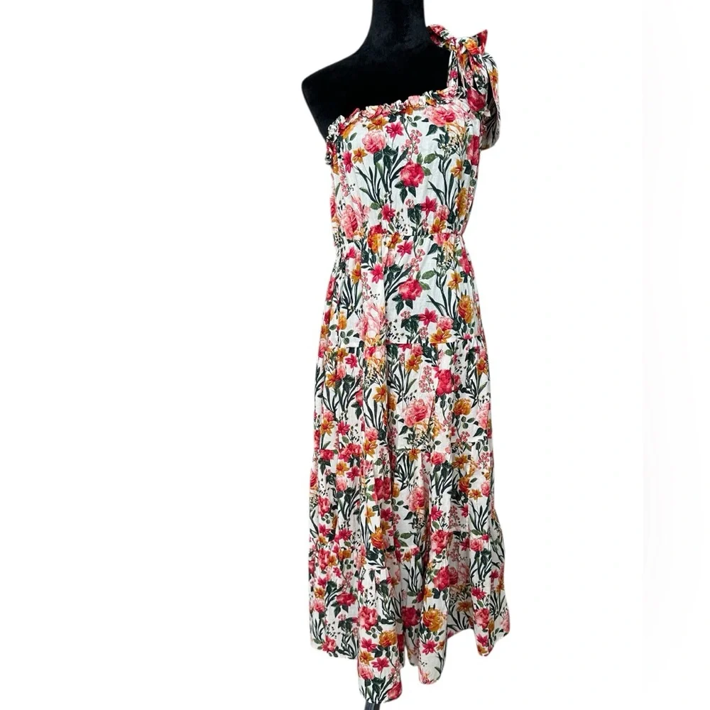 J CREW One Shoulder Beach Maxi Dress In Vintage Floral Size S Tiered Semi Sheer - Picture 2 of 12